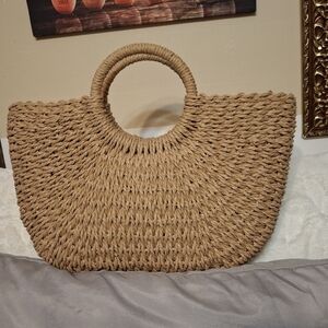 Stylish Tan Woven Handbag With Drawstring Interior